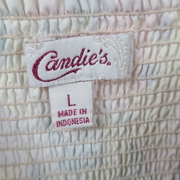 Candie’s Watercolor Bow Tiered Chiffon Babydoll Mini Dress Juniors L Sleeveless - Picture 4 of 12